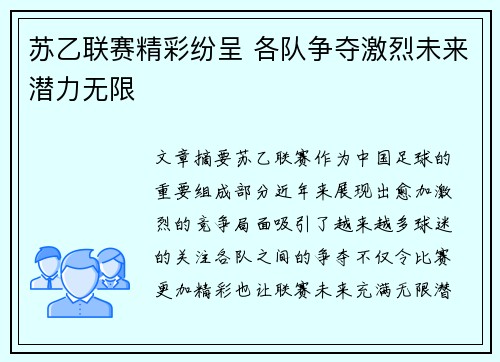 苏乙联赛精彩纷呈 各队争夺激烈未来潜力无限